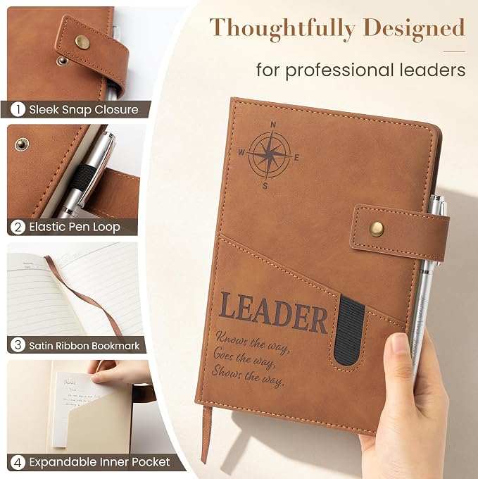 Boss Appreciation Gifts for Men Women - A5 Gratitude Leader Leather Journal Notebook with Engraved Pen & Front Phone Pocket, Thank You Boss's Day Farewell Going Away Gift for Manager Mentor Supervisor