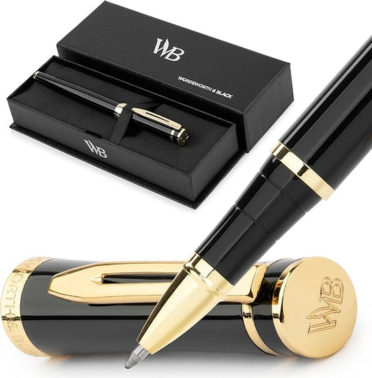 Wordsworth and Black Rollerball Pen - Luxury Pen - 24K Gold Finish, Black Lacquer, Ink Refill, Refillable Gift for Men & Women, Professional Writing, Nice and Fancy Pens and for Work