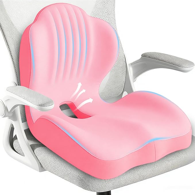 Seat Cushion for Office Chair and Car, L-Shaped Ergonomic Seat Cushions,Memory Foam Orthopedic Cushion with Coccyx Hollow,Lumbar Support & Tailbone Pain Relief for Car, Truck, Home,Gaming Chair,Pink