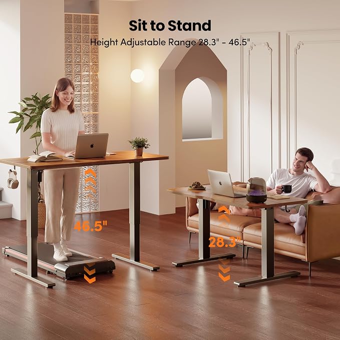 CubiCubi Electric Standing Desk 48 x 24 Inch, Height Adjustable Sit Stand Desk with Memory Presets, Splice Desktop Computer Desk for Home Office, Black Frame/Vintage Brown Top