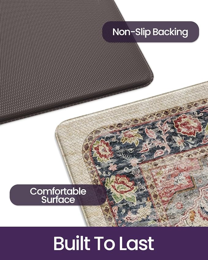DEXI Kitchen Floor Mats Anti Fatigue, 23x86 Large Cushioned Vintage Runner Rug Waterproof, Standing Comfort Memory Foam Padded for Front Sink Laundry Office, Beige and Red