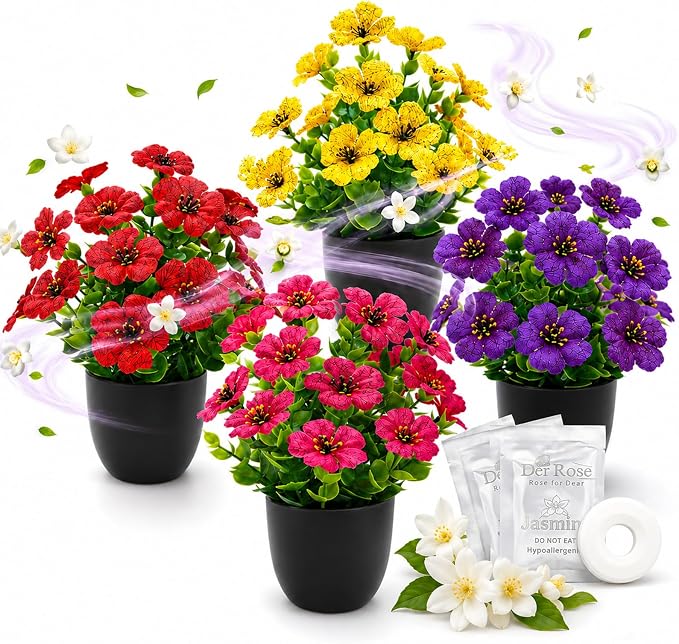 Der Rose 4 Pack Small Fake Plants with Fragrance Discs Spring Faux Flowers in Black Pots Artificial Plants Indoor for Bathroom Room Office Desk Decor