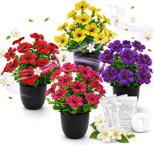 Der Rose 4 Pack Small Fake Plants with Fragrance Discs Spring Faux Flowers in Black Pots Artificial Plants Indoor for Bathroom Room Office Desk Decor