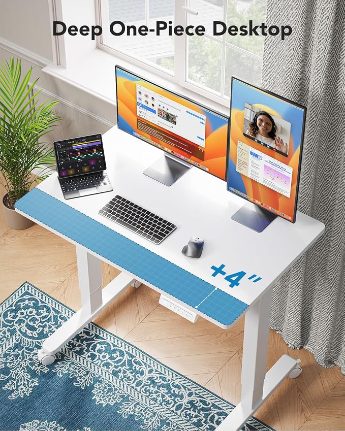 HUANUO Electric Small Standing Desk, 35" x 24" Whole Piece Desktop, Adjustable Height Computer Desk, 4 Height Memory Settings, Sit Stand Up Desk for Home Office, White