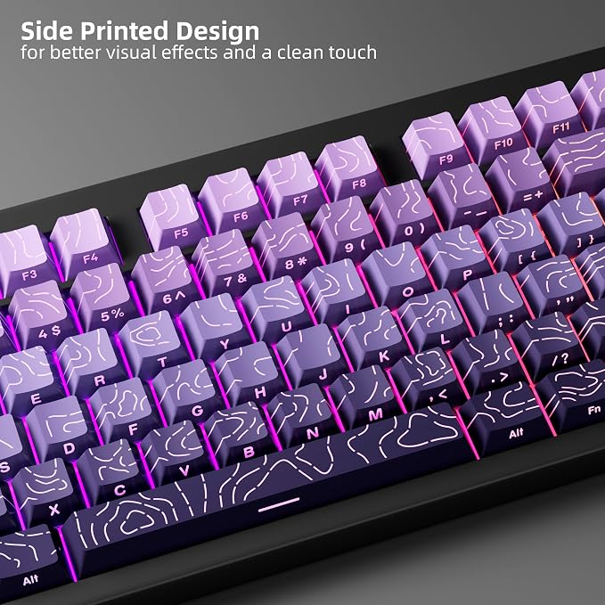 FunHub Shine Through PBT Keycaps - Purple Gradient Topographic Backlit Keycaps Set 133 Keys 60 65 75 100 Percent Cherry Profile,Side Printed Double Shot RGB Key Caps for MX Switches Gaming Keyboard