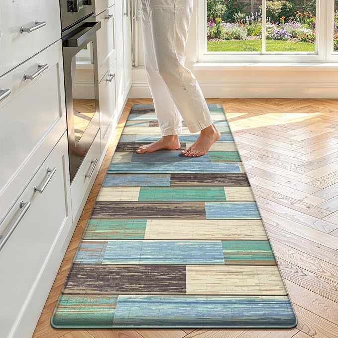 LOKHOM Anti Fatigue Kitchen Mats for Floor, 24x59 Non Slip Modern Cushioned Standing Comfort Kitchen Runner Rug, Waterproof Geometric Patchwork Memory Foam Padded for Sink Laundry Office, Teal