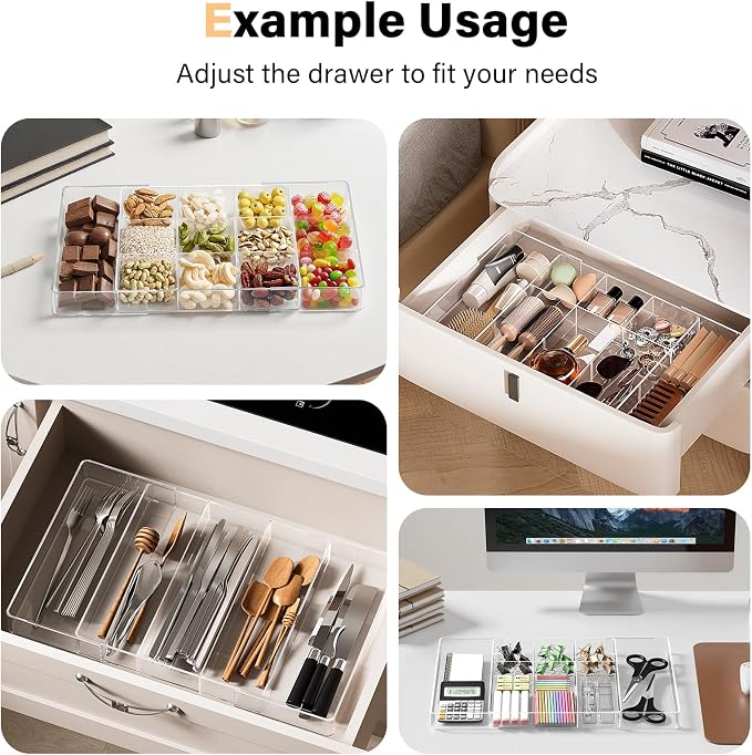 Acrylic Expandable Desk Drawer Organizer with 11 Adjustable Compartments | and 6 Removable Dividers Desk Accessories for Office Kitchen Bathroom Makeup and Utensil Junk Storage (Clear, 3Pcs)