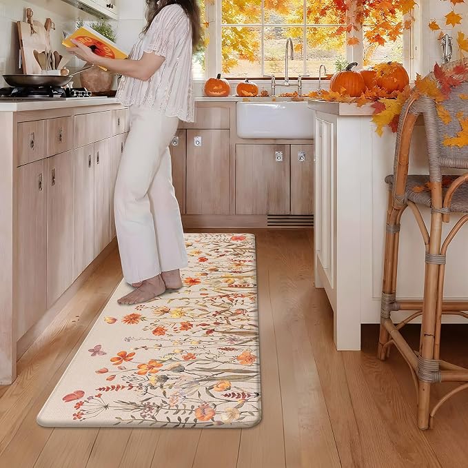 SHACOS Anti Fatigue Fall Kitchen Rugs Set of 2 Beige Orange Wild Flowers | Waterproof Non Slip Cushioned Kitchen Floor Mats Harvest Autumn Farmhouse Comfort Standing Mat 17x27.5+17x47"