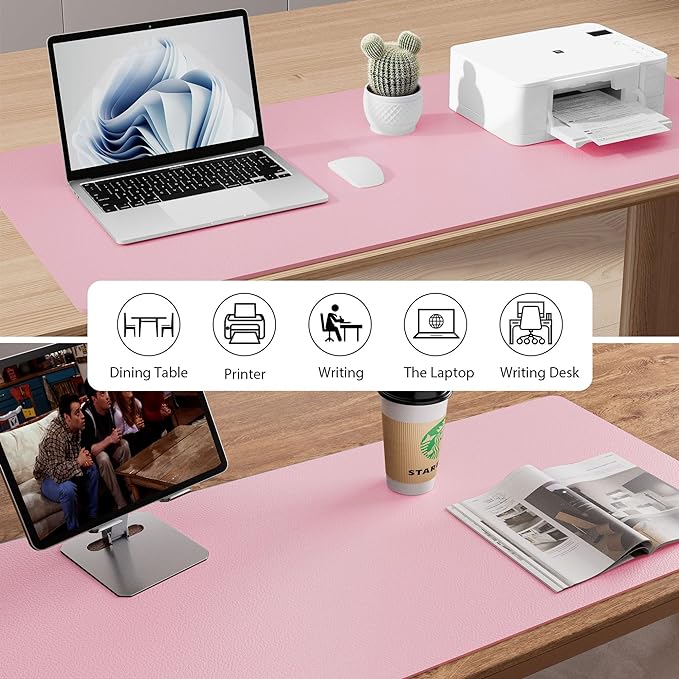 Aothia Faux Leather Desk Mat - Non-Slip PU Leather Desk Blotter, Waterproof Writing Surface, Large Desk Pad for Office & Home (Fairy Pink, 55" x 17")
