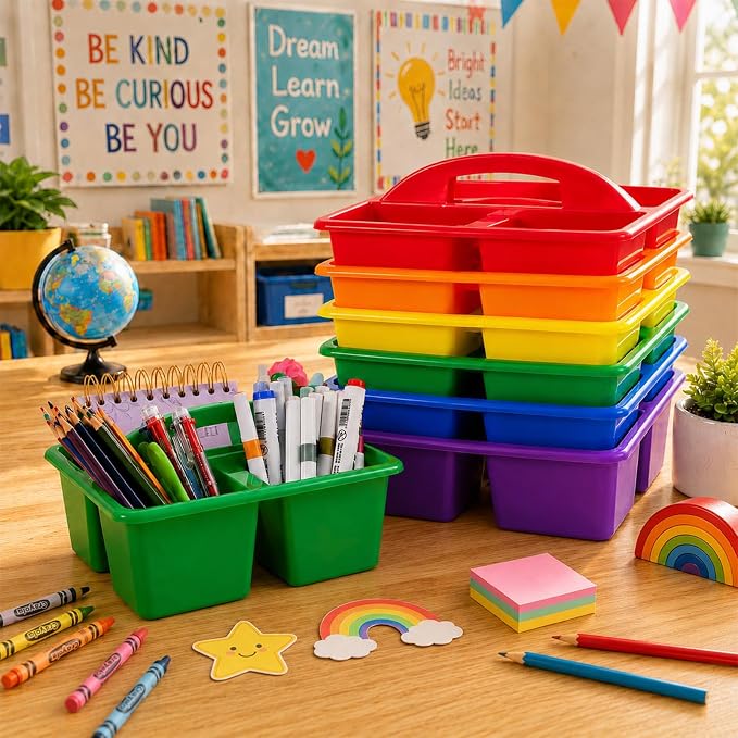 12 Pack Classroom Caddy with Handle Plastic Storage Caddy Organizer with 3 Compartments Desk Caddies Holder Portable Storage Bin for Pencil, Crayon, Marker, Home, Office, School Supply(Rainbow)