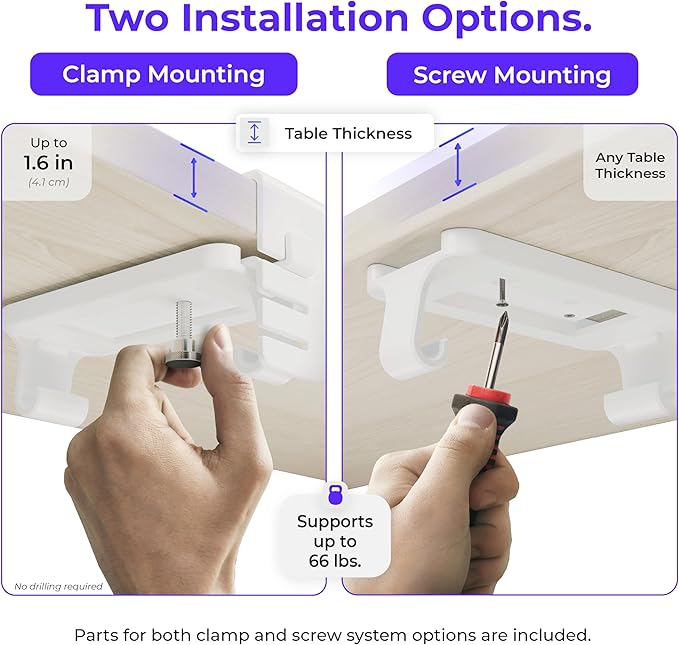 Original No Drill Under Desk Cable Management Tray 53.9" - Premium White Fabric Cable Management Under Desk - Clamp/Screw Mount Cord Organizer - Supports Upto 66lbs - Extra Large