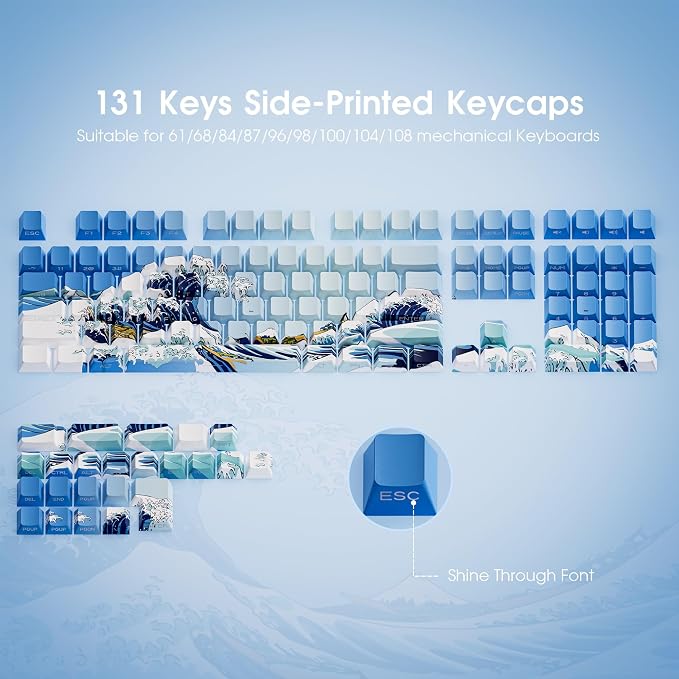 XVX Shine Through Keycaps, Side Print PBT Keycaps 75 Percent Dye Sub, 131 Keys Cherry Profile Custom Keycap 60 Percent, Wave of Kanagawa Double Shot Keyboard Keycap for Mechanical Keyboards