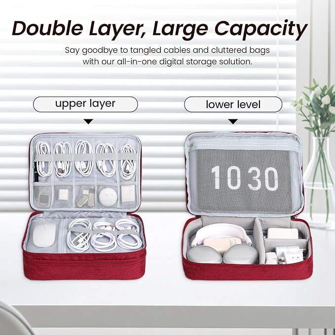 Large Electronic Organizer Travel Case, Double Layer Tech Accessories Bag with 3 DIY Adjustable Dividers, Waterproof Padded Cable Storage Pouch for Camera Gear, Power Bank, Hard Drive, Mouse