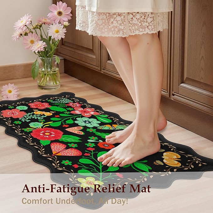 Scalloped Black Kitchen Mats for Floor Cushioned Anti Fatigue Kitchen Mats Rugs Waterproof Non Slip Farmhouse Boho Floral Comfort Foam Standing Mat for Sink Laundry, 17.3x59