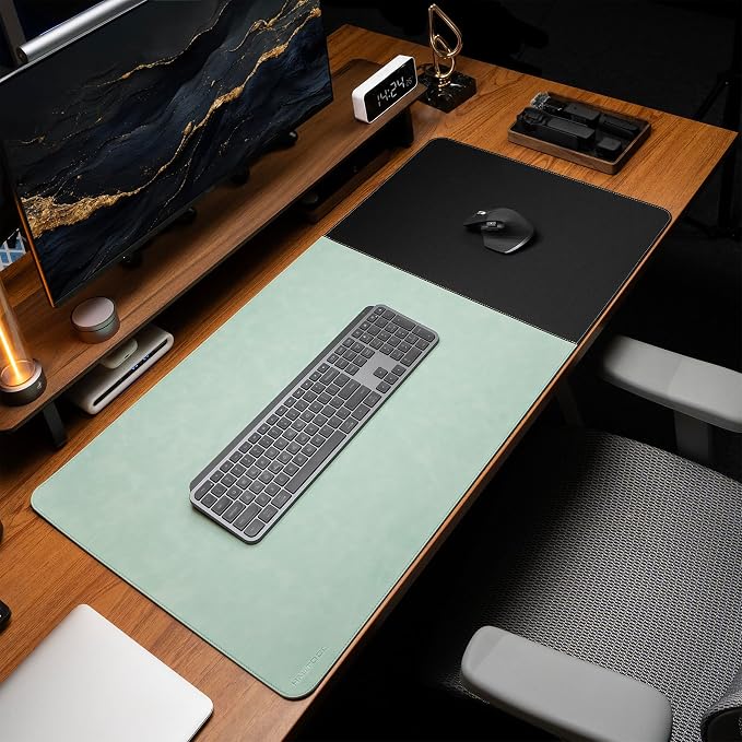 HAUTOCO Cork Desk Mat 31.5"x15.7", Distressed PU Leather & Cloth Desk Pad | Waterproof, Non-Slip, Stitched Edges, Mint Green Large Gaming Mouse Pad, Laptop Blotter & Desk Protector for Office and Home