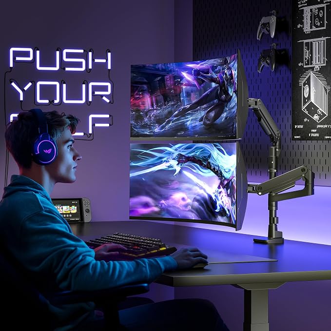 ARES WING Dual Monitor Arm Desk Mount for 17-49 Inch Ultrawide Monitors, Heavy Duty Dual Monitor Mount Holds 44 lbs, Full Motion Gas Spring Vertical Monitor Mount, 75/100 VESA Mount, Black