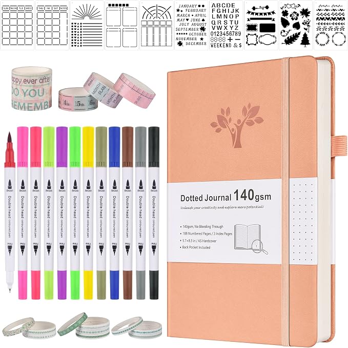 Bullet Dotted Journal Kit, 140gsm No Bleed A5 Dotted Bullet Grid Journal Set with 188 Pages, 10 Stencils, 14 Washi Tape, 12 Brush Pens Dual Tip, Journaling Supplies for Diary Schedule Planner, Pink
