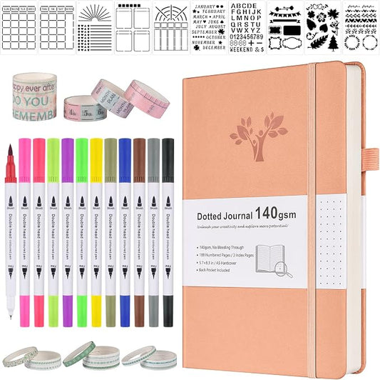 Bullet Dotted Journal Kit, 140gsm No Bleed A5 Dotted Bullet Grid Journal Set with 188 Pages, 10 Stencils, 14 Washi Tape, 12 Brush Pens Dual Tip, Journaling Supplies for Diary Schedule Planner, Pink