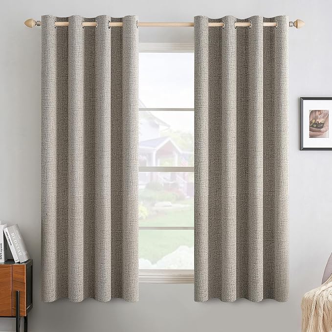 MIULEE Linen Curtains for Bedroom Solid 100% Blackout Thermal Insulated Greige Curtains Grommet Room Darkening Drapes for Living Room 52x45 Inch (2 Panels)
