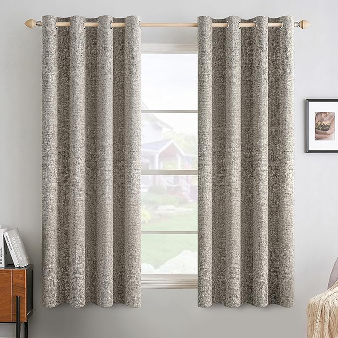 MIULEE Linen Curtains for Bedroom Solid 100% Blackout Thermal Insulated Greige Curtains Grommet Room Darkening Drapes for Living Room 52x63 Inch (2 Panels)