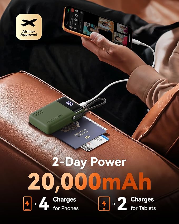 INIU 20000mAh Power Bank, Small 45W PD Fast Charging Portable Charger with Built-in USB C Cable, Flight-Safe Travel External Phone Battery Pack for Camping, ShortTrip, Travelers, Hikers, Green