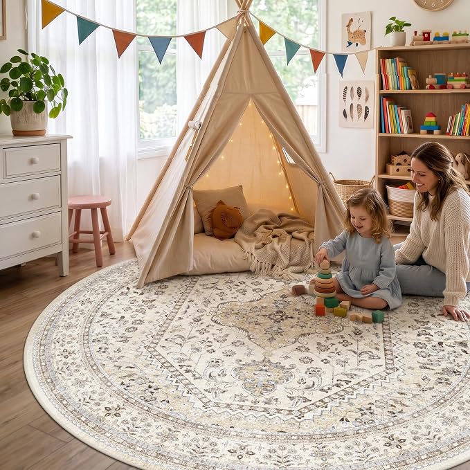 Puino 8FT Round Area Rug: Washable Oriental Circle Rugs Low Pile Soft Carpet with Non Slip Backing for Living Room Vintage Indoor Rug for Bedroom Kitchen Nursery Dining Room Home Office Beige/Gray