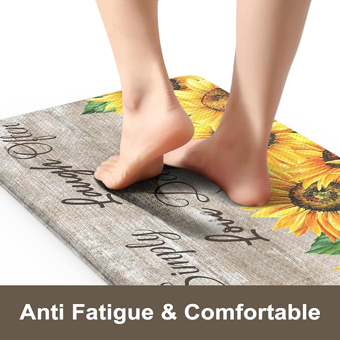 KIMODE Anti Fatigue Kitchen Mat for Floor, Farmhouse Sunflower Kitchen Rugs 2 PCS, Kitchen Floor Mats Non-Slip Cushioned, Comfort Standing Mat for Sink, Laundry, Desk Brown 17"x47"+17"x29"