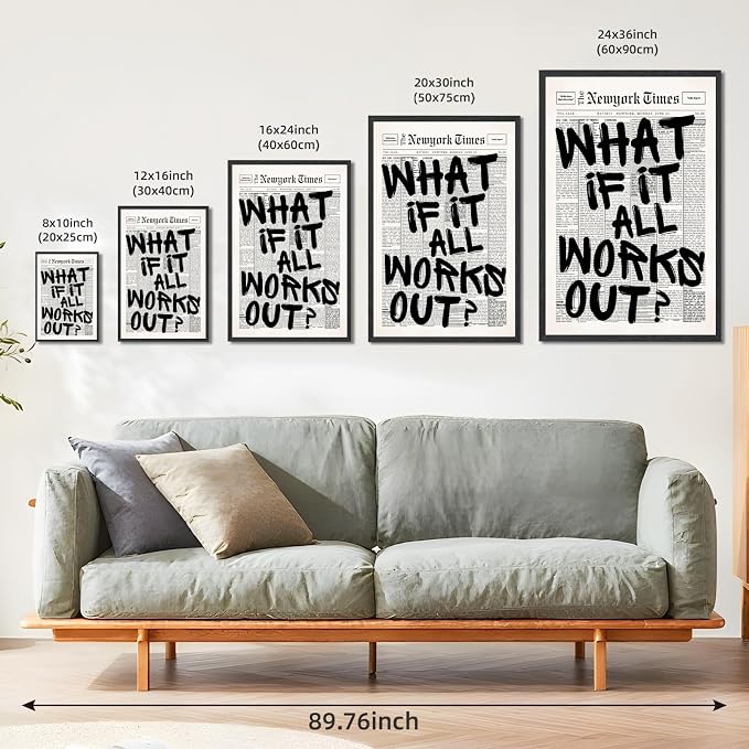 Vintage Black And White Newspaper Wall Art What If It All Works Out Canvas Poster Positive Affirming Quote Minimalist Prints Painting for Home Bedroom Living Room Wall Decor 24x36inch Black frame