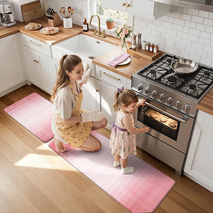 KIMODE Kitchen Anti Fatigue Mats, Boho Farmhouse Kitchen Rugs Sets of 2 | Gradient Pink Memory Foam Kitchen Mats for Floor,Cushioned Rugs for Kithcen Floor Decor Sink Laundry Office 17"x47"+17"x29"