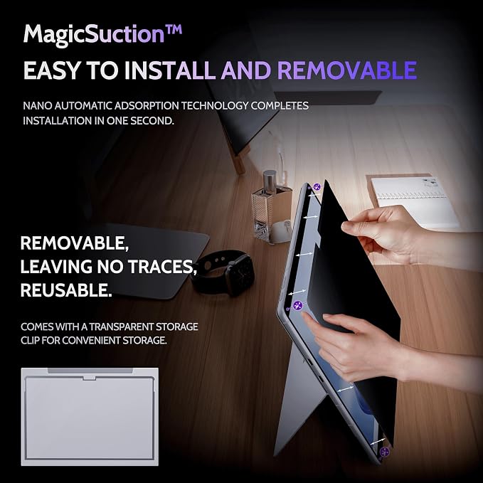 Peslv Privacy Screen for 12.3 Inch Surface Pro 7+/7/6/5/4/3, MagicSuction™ Removable Anti Spy Black Protector, Glare Blue Light Filter for Microsoft Laptop Computer Monitor