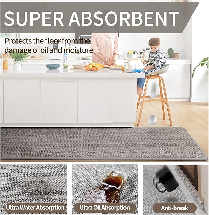 YDKGL Kitchen Mats for Floor, Super Absorbent Kitchen Rugs Non Slip Washable, Soft Imitation Linen Braided Kitchen Runner Rug, Standing Mat Kitchens Sink Mat, Easy to Clean, Gray 17x95