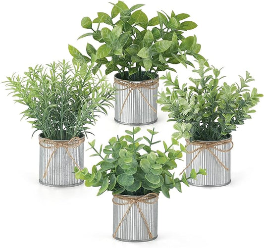 Mkono 4 Packs Small Fake Plants in Farmhouse Galvanized Pots Table Centerpiece Mini Potted Artificial Plants Faux Eucalyptus for Shelf Office Rustic Home Decor (Gray, Mini-6" H)