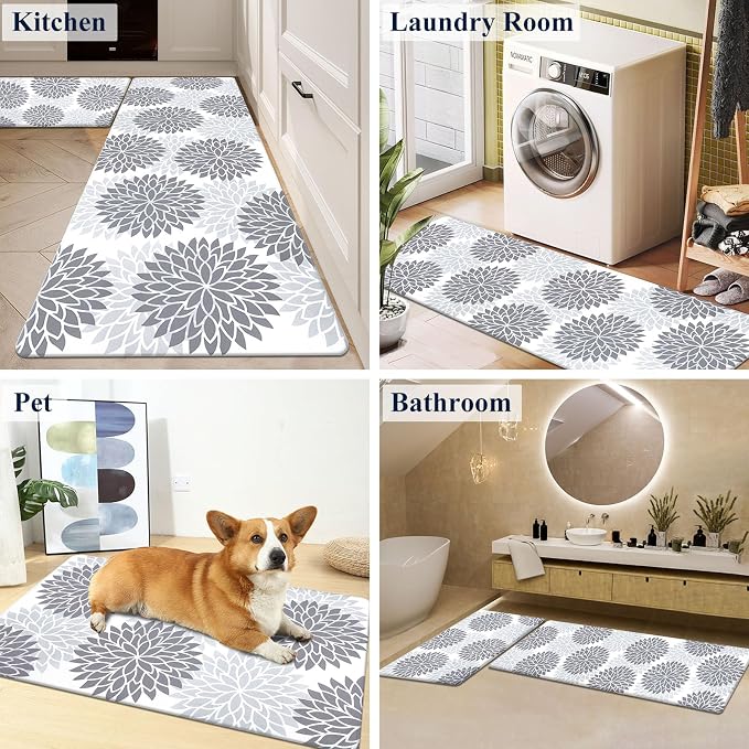 HEBE Anti Fatigue Kitchen Rugs Set of 2, Cushioned Kitchen Mats for Floor | Non Slip Washable Kitchen Runner Rug Set, Floral Stain Resistant Waterproof Comfort Mat Carpet for Sink, Standing Desk