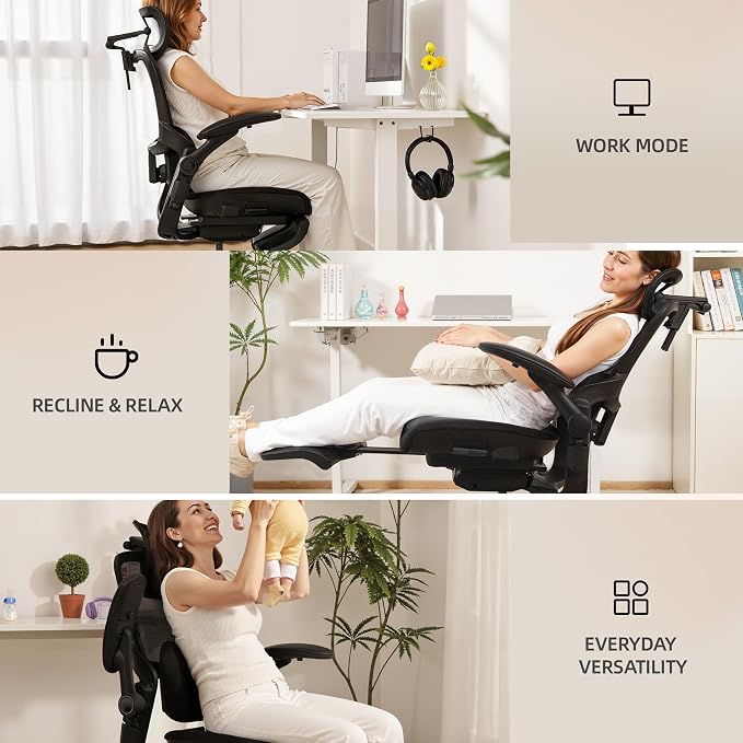 CabLady S2 Petite Office Chair for Women & Small Frames | 330lb Capacity, 4D Adjustable Lumbar/ Headrest, Flip-Up Arms & Footrest, Ergonomic Desk Chair