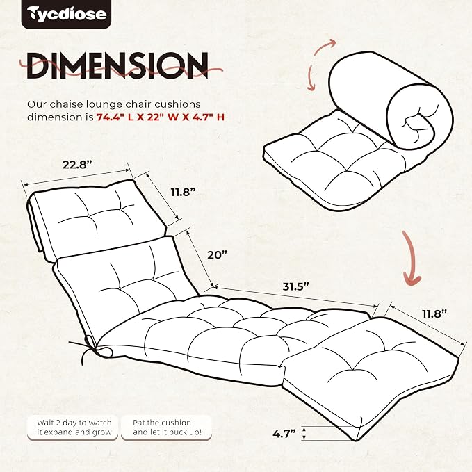 Outdoor Chaise Lounge Chair Cushion Replacement 74.4 x 22 x 4.7 Inches Memory Foam Waterproof Lounge Chair Cushions for Outdoor Furniture with Ties, Thickened Pool Lounge Chair Cushions, Red