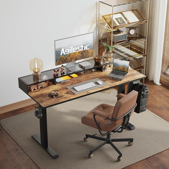 Agilestic 48 x 24 Inches Electric Standing Desk with Storage, Adjustable Height Sit and Stand Computer Table with Glass Shelf, Splice Board, Rustic Brown