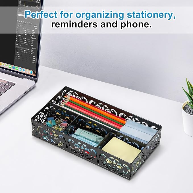 EasyPAG Desk Drawer Organizer with 4 Compartments, Carved Hollow Floral Metal Tray for Office, Jewelry, Cosmetics - No Assembly, Black