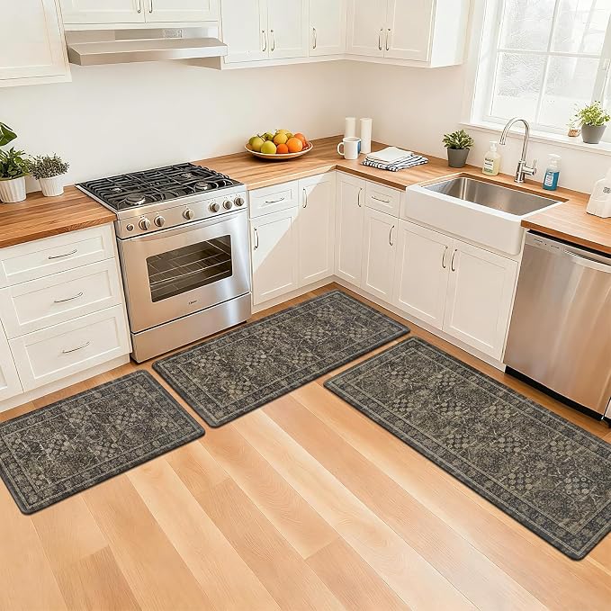 Pauwer Anti Fatigue Kitchen Floor Mats Set of 3, Cushioned Rugs, Taupe | Non Slip Comfort Standing Mat, PVC Foam Padded Kitchen Rugs, Waterproof Sink Rug for Small Kitchen Area, Laundry Room