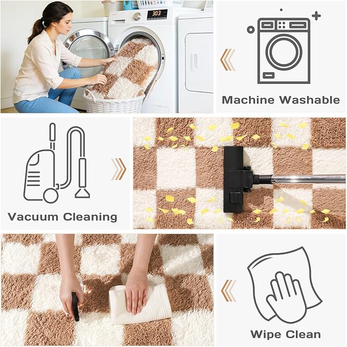 Area Rugs for Living Room 9x12, Ultra Fluffy Shag Checkered Rug Modern Washable Carpet Soft Shaggy Non Slip Indoor Plush Fuzzy Rugs for Bedroom Dorm Office Home Aesthetic Decor, Cream and Camel