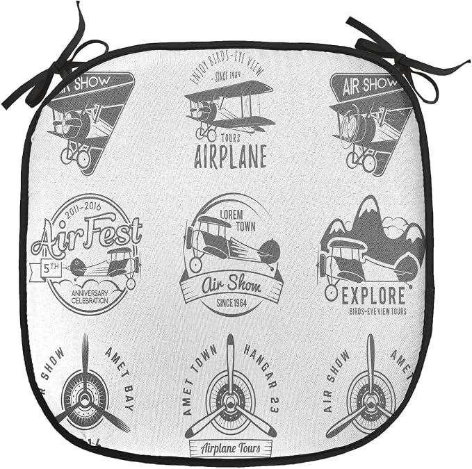 Lunarable Airplane Chair Cushion Pads Set 12, Airplane Emblems Biplane Aviation Stamps in Greyscale Tones, Anti-Slip Seat Padding for Kitchen & Patio, 16"x16", Charcoal Grey White
