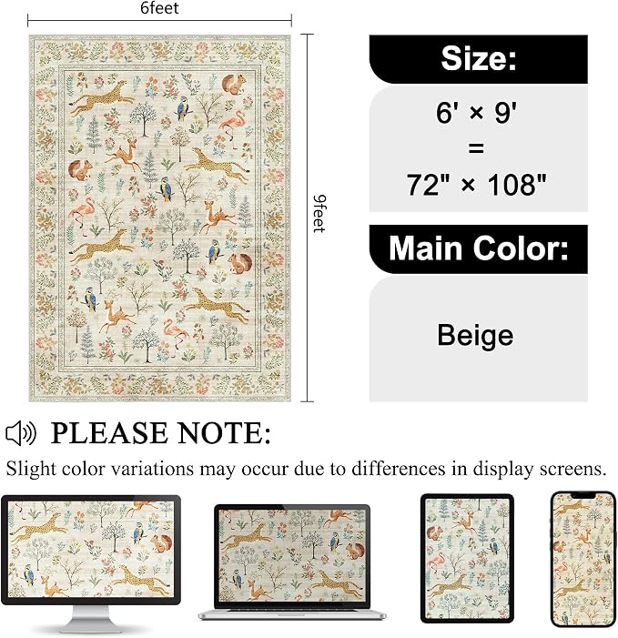 DUKINO 6x9 Rug, Washable Animal Living Room Rug with Non Slip Vintage Design, Soft Low Pile Large Carpet for Bedroom, Nursery, Dining Room, Farmhouse, Playroom, White