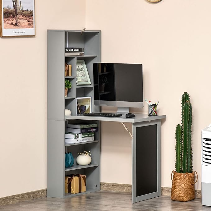 Folding Wall Mounted Desk with Storage, Expandable Hidden Computer Desk, Foldable Space-Saving Pull Out Murphy Table, Writing Table with Blackboard for Home Office Bedroom Small Spaces (Charcoal grey)