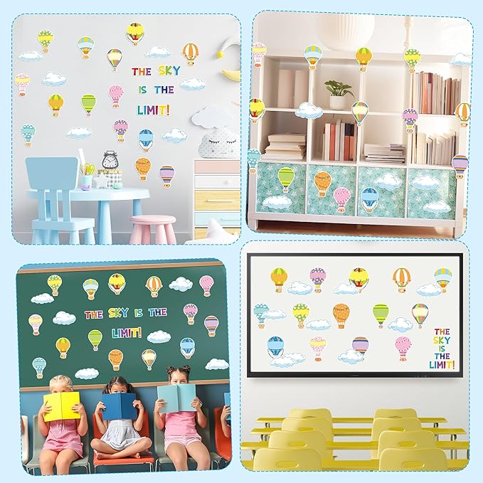 BeYumi 65Pcs Hot Air Balloon Cloud Classroom Bulletin Board Decoration Set Colorful Accents Cutouts Name Tags Labels Teacher Student Back to School Party Supplies for Elementary Preschool Kindergarten