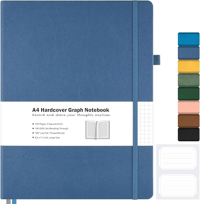 Graph Paper Notebook, Hardcover Notebook 8.5 x 11, Grid Notebook Journal for Women, Men, Large Leather Journals for Writing, Thick Paper, A4 Notebooks for Work, School Supplies, Engineering Blue