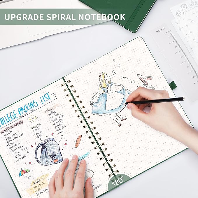 AHGXG HGXG Dotted Journal Spiral Notebook, Large B5 Dotted Notebook 140 Pages, Leather Hardcover, 100 GSM Thick Dot Grid Paper, Inner Pocket, for Dotted Journaling, 7.6" x 10", Green