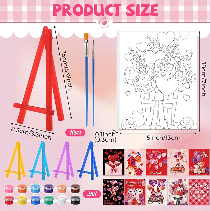 Blosssound 10 Set Valentine's Day Pre Printed Canvas Heart Pre Drawn Canvas Painting with Easel Kits 5" x 7" Outline Painting Panels for Beginners, DIY Craft Project, Home Decors