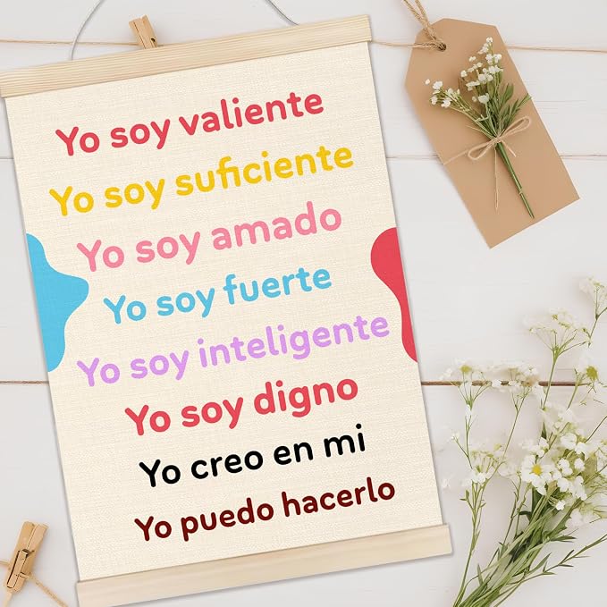 Welshower Boho Spanish Classroom Poster Hanger Frame, Yo Soy Valiente Motivational Inspirational Quotes Wall Art Prints Decor for Classroom Kids Room Nursery Playroom, 12x16 Inch
