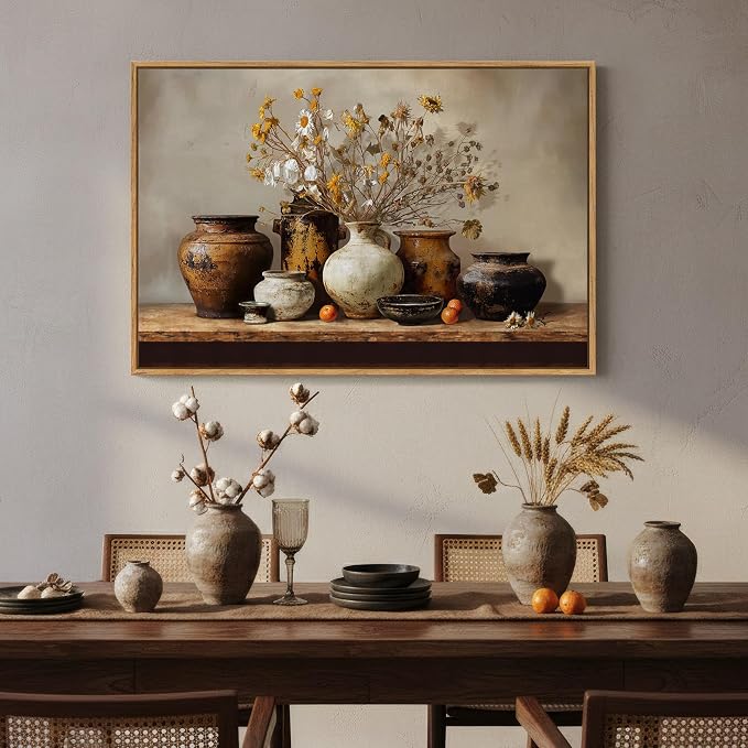 Framed Vintage Floral Pottery Kitchen Wall Art, Farmhouse Rustic Still Life Neutral Canvas Artwork for Walls, Retro Vase Flower Painting Print for Dining Room Bedroom Living Room Wall Decor, 36x24 In
