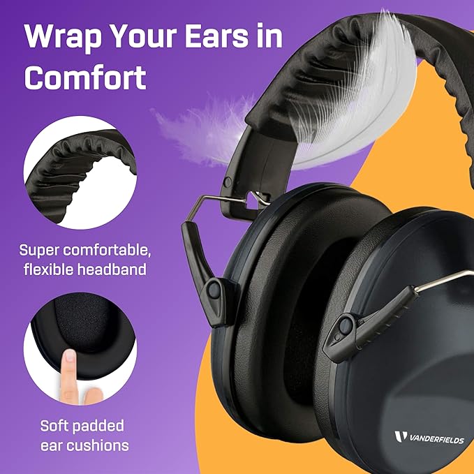 Vanderfields - Hearing Protection Ear Muffs - Over 33 dB (2K Hz) Broad Noise Cancelling Sound Reduction - Adults & Teens
