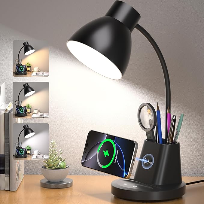 Desk Lamp for Home Office, 10W Wireless Charging, Eye-Caring LED Desk Light, CRI 95+ 3 Color Modes Stepless Dimming Pen Holder, 360° Flexible Arm Desk Lamps for College Dorm, Adapter Included